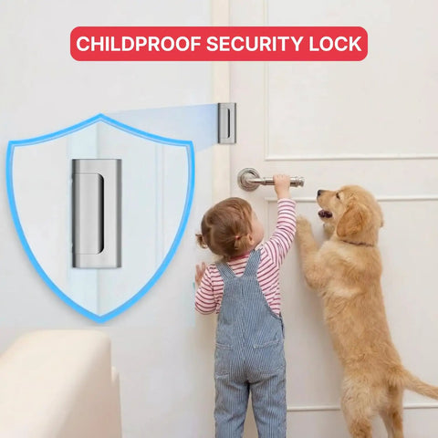 Heavy Duty Door Reinforcement Lock Set 3 Inch Security Lock For Inward Swinging Doors Withstanding Up To 800 Lbs Child Safety Lock Prevents Unauthorized Entry 2 Pack installed on door with child and dog.