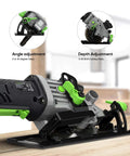 GALAX PRO 20V cordless mini circular saw - side view; green accents, depth and angle adjusters, rip guide, 2 blades