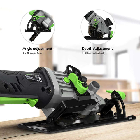 GALAX PRO 20V cordless mini circular saw - side view; green accents, depth and angle adjusters, rip guide, 2 blades