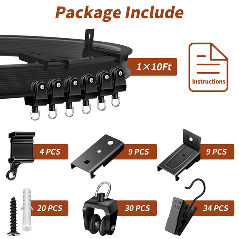10-Foot Flexible Black Curtain Track System With Bendable Curved Rail For Ceiling Or Wall Mount, Sliding Track For Bay Window RV Room Dividers, Includes Brackets And Easy Fuss Installation. Package include 1x10ft track, brackets, hooks, rollers, screws