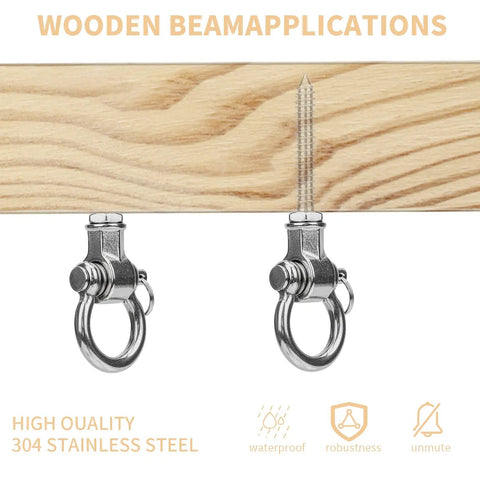 Beefy Heavy Duty Swing Hangers With Quiet Bearings, 180 Degree Swing Hardware, showing anti-rust steel mounts for wood beam.