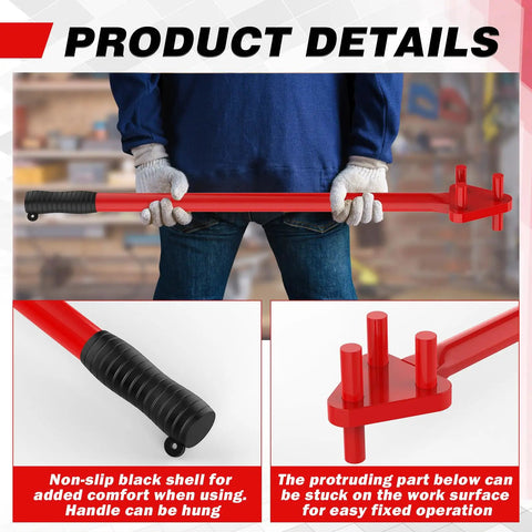 Heavy Duty Manual Rebar Bender For 5/8" Steel Bars held by worker with gloves, featuring non-slip handle and fixed operation parts.