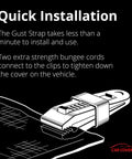 Illustration of Gust Strap Wind Protector Kit car cover clips for Quick Installation with bungee cords.