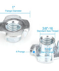 Front view: T-nut with four prongs, zinc-plated steel, 3/8-16 thread, 7/16 in barrel length for wood