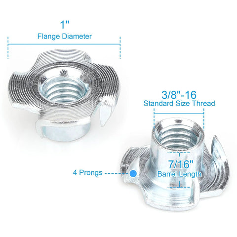 Front view: T-nut with four prongs, zinc-plated steel, 3/8-16 thread, 7/16 in barrel length for wood