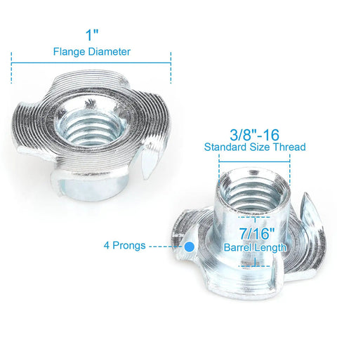Close-up of 3/8 Inch 16 T Nuts 20 Pack Zinc Plated Steel Tee Nut showing 7/16 inch barrel length and four prongs.