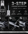 Professional Chrome Repair Pen, Silver Spray Paint for Metal (Silver) with application steps on chrome restoration.