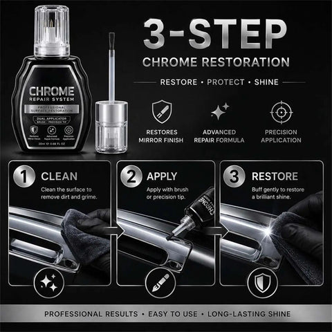 Professional Chrome Repair Pen, Silver Spray Paint for Metal (Silver) with application steps on chrome restoration.
