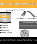 Diagram of Vinyl Coated Stainless Steel Wire Rope Kit 165 Feet One Eighth Inch With Turnbuckles And Hardware features, material breakdown.