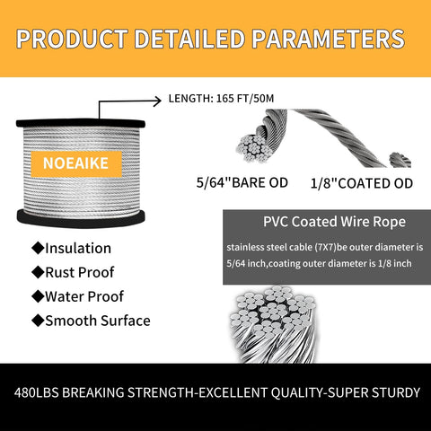 Diagram of Vinyl Coated Stainless Steel Wire Rope Kit 165 Feet One Eighth Inch With Turnbuckles And Hardware features, material breakdown.