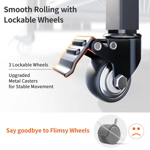 Close-up of lockable wheel on All In One Golf Bag Organizer With Wheels For Garage Storage