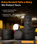 Superior Grade Five Piece Padded Drum Case Set Featuring Hella Heavy Duty Construction For 22 Inch Kick 12 And 13 Inch Rack Toms 16 Inch Floor Tom And Snare Pro Gear with various drum bags in a studio setting.