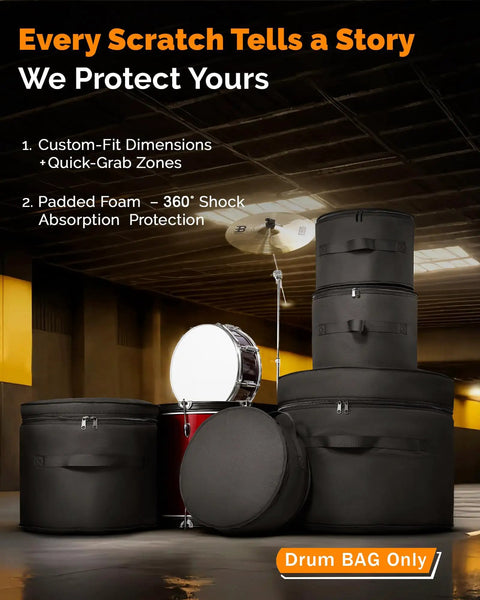 Superior Grade Five Piece Padded Drum Case Set Featuring Hella Heavy Duty Construction For 22 Inch Kick 12 And 13 Inch Rack Toms 16 Inch Floor Tom And Snare Pro Gear with various drum bags in a studio setting.