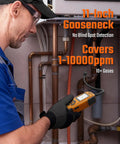 Technician using PT-990 Rechargeable Gas Leak Detector With 11 Inch Probe Detects 0 To 10,000 Ppm Data Logging Three Alarm Modes