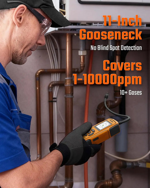Technician using PT-990 Rechargeable Gas Leak Detector With 11 Inch Probe Detects 0 To 10,000 Ppm Data Logging Three Alarm Modes