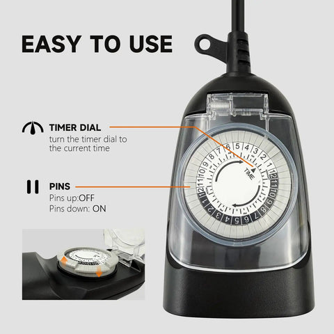 All Season Heavy Duty Outdoor Timer With Six Foot Cord 24 Hour Mechanical Settings showing timer dial and pins for easy use.