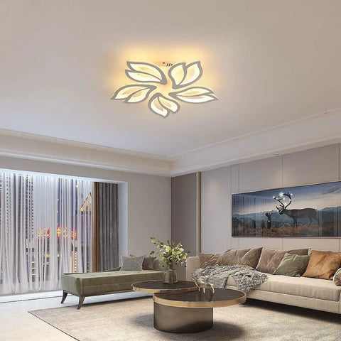 Modern 60W Dimmable LED Ceiling Light With Remote, 23.6 Inch White Acrylic Leaf Flush Mount Chandelier in living room.