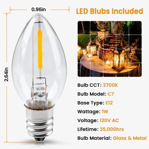 Clip In LED Light Cord 6ft With On Off Switch No Fuss Replacement Blow Mold Lamp Cord For Christmas Village Houses And Halloween Pumpkin Lights Easy Snap In Single C7 Bulb 4 Pack, glass and metal C7 bulb dimensions and features