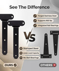 Kickass 13 Inch Heavy Duty Strap Gate Hinges Forged From Thick Stainless Steel vs Stamped Steel Comparison Image.