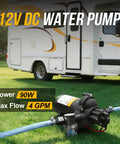 12V RV Water Pump Diaphragm 4 GPM At 45 PSI Quiet Fresh Water Pump displayed next to an RV, showing power and flow rate.