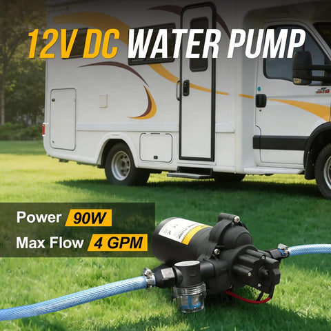 12V RV Water Pump Diaphragm 4 GPM At 45 PSI Quiet Fresh Water Pump displayed next to an RV, showing power and flow rate.