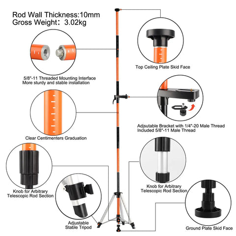 Telescoping Laser Level Pole With Tripod, 12 Ft Reach, detailed view with knobs, adapters, and stable tripod
