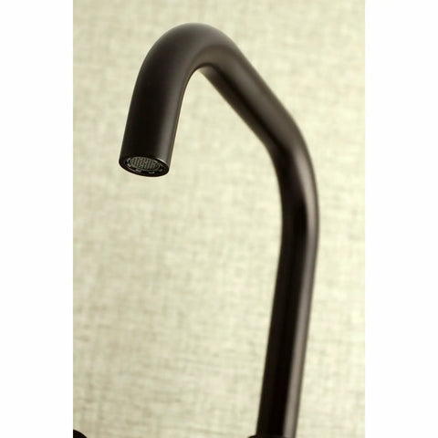 Close-up of Oil Rubbed Bronze 8-Inch Adjustable Center Wall Mount Kitchen Faucet, Solid Brass, Drip-Free Ceramic Disc