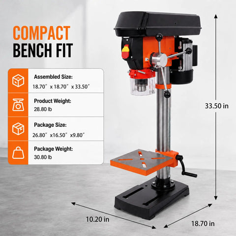 Ridfy 8 Inch Benchtop Drill Press, 5 Speed 770-3410 RPM with Tilt Table dimensions, compact design for wood and metal projects.