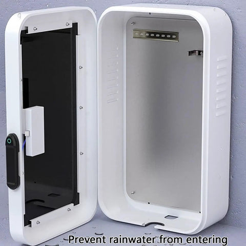 Built Like A Tank Wall Mount Charger Cover With Secure Lock And Cord Organizer For Outdoor Charging Station Box waterproof weather resistant housing in white open view.