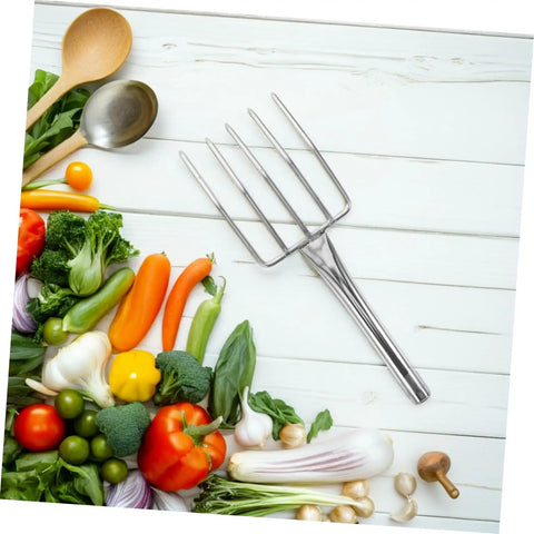 Small Stainless Steel Garden Fork For Ladies with vegetables, lightweight digging fork for planting and kitchen tasks on table.
