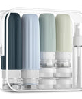 TSA Approved Travel Bottle Set With Leak Proof Silicone Squeezable Containers in clear zip case showing bottles and jars