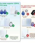 Image showing comparison of RFID cards: 125KHz cards supported by Handheld RFID Card Copier Duplicator For ID IC HID Smart Cards Portable.