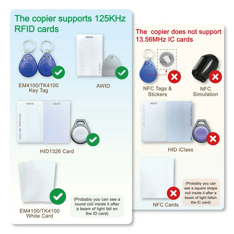 Image showing comparison of RFID cards: 125KHz cards supported by Handheld RFID Card Copier Duplicator For ID IC HID Smart Cards Portable.