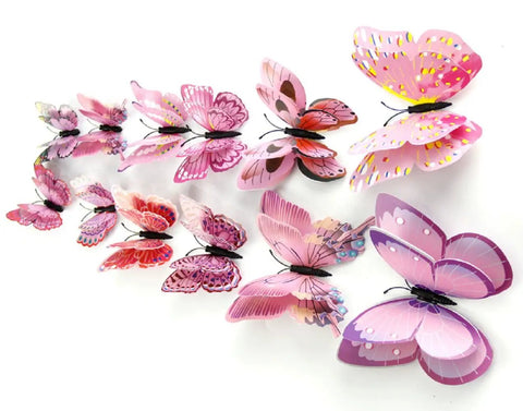 Mixed Pack Of 12 3D Pink Butterfly Wall Stickers For Home Decor On Smooth Surfaces arranged in a line