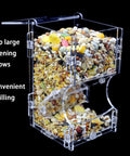 Two Piece Hamster Automatic Feeder Set With Heavy Duty Bracket And Easy Pour Spoons No Drama Small Animal Food Dispenser filled with seeds and grains.