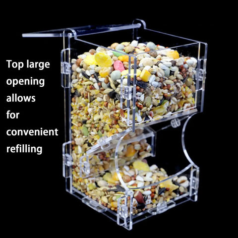 Two Piece Hamster Automatic Feeder Set With Heavy Duty Bracket And Easy Pour Spoons No Drama Small Animal Food Dispenser filled with seeds and grains.