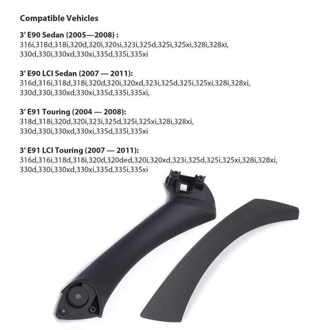 BMW 3 Series Door Handle Replacement Kit Right Side Outer Cover And Pull Handle For E90 E91 E92 E93 2004-2011 shown with compatibility list