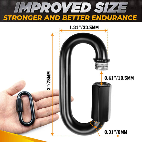 6 Pack 3 Inch Heavy Duty Chain Quick Links, 8mm Thick Connector shown with size dimensions and durable design features.