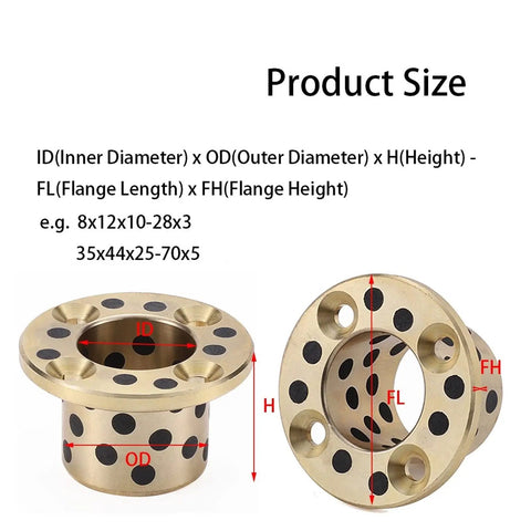Heavy Duty Brass Graphite Oilless Bushing Self Lubricating Linear Thrust Flanged Sleeve dimensions guide showing inner and outer diameters.