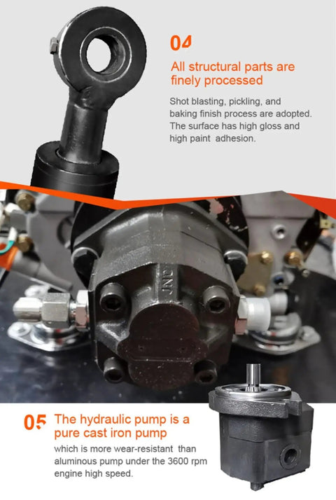 Close-up of 2 Ton Compact Crawler Excavator hydraulic cast iron pump, detailing structural parts and finish.