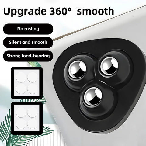 Close-up of 8 Pack Self Adhesive Appliance Sliders With 360 Degree Swivel Mini Caster Wheels, black design for smooth rolling.