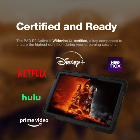 Kickass Rugged Android 14 Tablet With 11 Inch Crisp 90Hz Screen And Massive Storage displaying streaming certification logos.