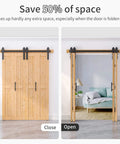 60x84 Bi Fold Barn Door Set With 66 Inch Hardware Kit For Four Doors No Assembly Easy Install Solid Spruce Wood Folding Doors Barn Door Hardware And Double Sided Handle Pulls Included installed image showing open and closed views