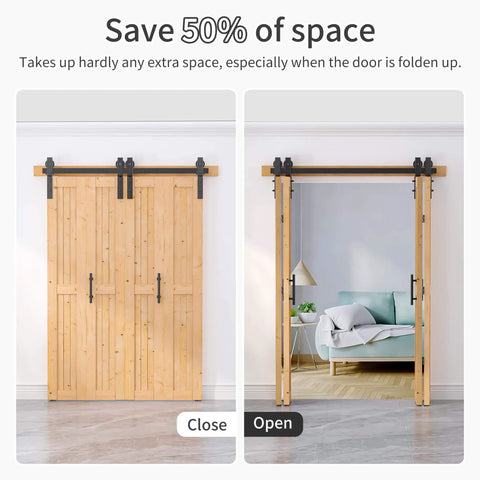60x84 Bi Fold Barn Door Set With 66 Inch Hardware Kit For Four Doors No Assembly Easy Install Solid Spruce Wood Folding Doors Barn Door Hardware And Double Sided Handle Pulls Included installed image showing open and closed views