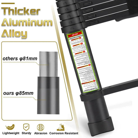 Beefy Aluminum Telescoping Ladder 20.3 Ft With Non Slip Feet For Indoor Outdoor Use Portable Extension Ladder For Housework And Outdoor Projects 330 Lb Capacity Black, thicker aluminum alloy tube detail