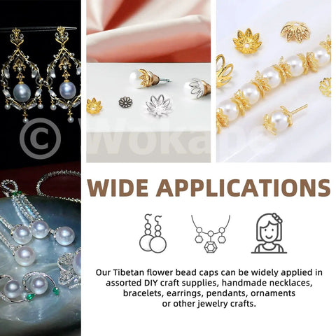 2100Pcs Flower Bead Caps And Spacers Set 4 Sizes Hollow Filigree End Caps shown with pearl bead jewelry applications