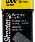 Knockout Heavy Duty Staples Bulk Haul One Thousand Per Box Set Of Ten For Plunger Guns Office Paperwork And Crafting Projects Top Shelf Half Inch silver steel staples in a plastic container.