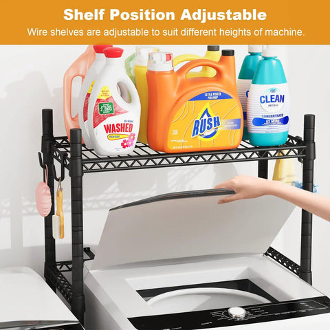 Upgraded Heavy Duty Adjustable Washer Dryer Stacking Rack For Tight Laundry Spaces And Compact Apartments Featuring Real Solid Steel Build And No Sweat Flexible Height Adjustments, showcasing adjustable wire shelves and detergent bottles.