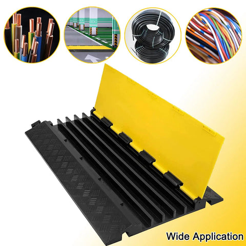 Beefy 5 Channel Cable Ramp Protector for driveway and outdoor use, heavy duty PVC rubber, 36x19x2 inches with open yellow lid