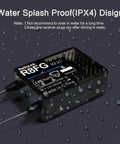 Ultra Fast 2.4GHz Gyro Receiver With Voltage Telemetry Waterproof RX next to water droplets showing IPX4 design